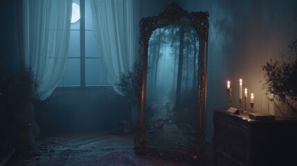 Mysterious reflection in a dimly lit room with a haunting forest view