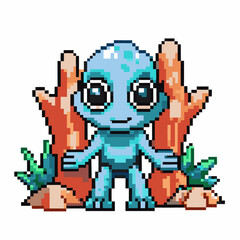 Obraz premium Pixel art alien creature with big eyes standing among colorful digital coral and plants, retro video game character design