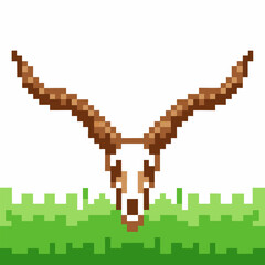 Fototapeta premium Pixel antelope head with curved horns above green grass retro video game animal face, digital 8 bit illustration