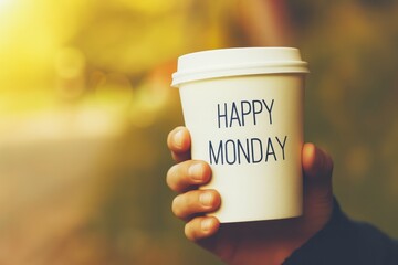 Person is holding a cup that says Happy Monday