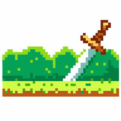 Fototapeta premium Pixelated fantasy sword in grass landscape retro video game, adventure weapon, nature scene, 8 bit digital art