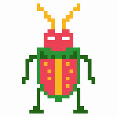 Fototapeta premium Colorful pixel art beetle with geometric body, yellow horns, and symmetrical design on white background, retro digital