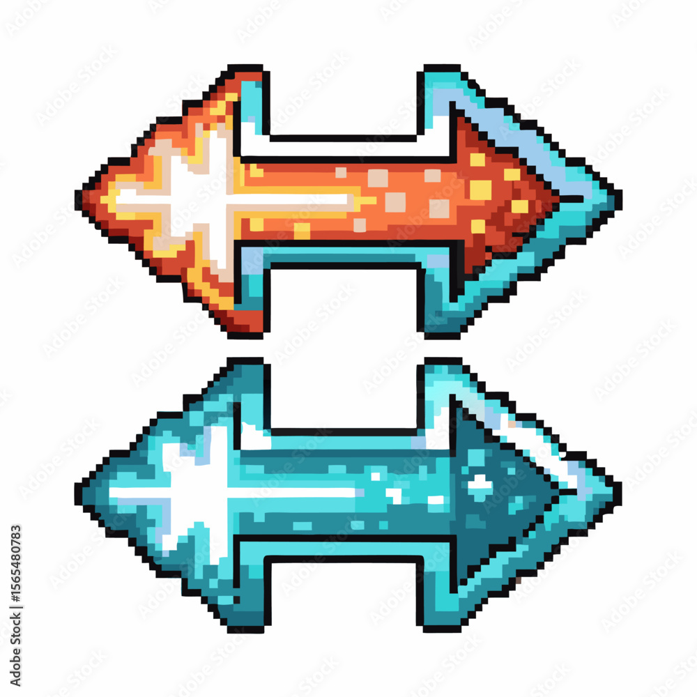 Fototapete pixel art double arrows, red and blue opposing directions retro digital game interface, pixelated ic