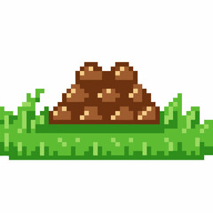Pixel art molehill on green grass simple dirt pile with soil and lawn retro game nature background element