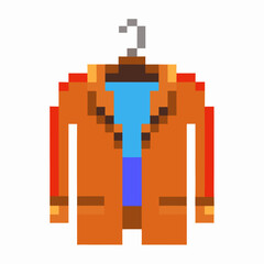 Obraz premium Pixel art orange jacket on hanger with blue shirt underneath retro fashion, vintage clothing, casual attire, isolated icon design