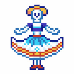 pixel art dancing woman in blue folkloric skirt, arms raised, traditional festive character, vibrant retro game
