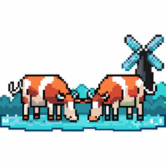 Fototapeta premium Pixel art cows grazing by water with windmill retro game style, rural farmland landscape, animals, animated countryside scene