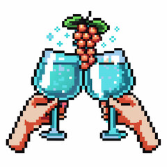 Fototapeta premium Pixel art hands clinking blue wine glasses, bunch of pixelated grapes above, celebration, cheers, digital retro