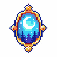pixel art enchanted oval mirror reflecting bright crescent moon, night sky, and evergreen forest in golden ornate frame