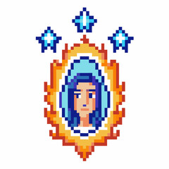 Fototapeta premium Pixel art portrait of woman with blue hair and halo of flames, surrounded by glowing stars on a white background
