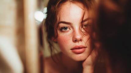 Young woman looking at herself in the mirror