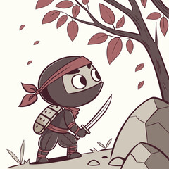 Cute Cartoon Ninja with Sword Hiding Behind Rock Under Tree – Stealth Warrior Illustration