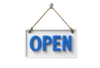 3D “Open Now” Sign PNG – Hanging White Panel with Glossy Blue Letters and Rope Hanger, Isolated on White Background for Storefronts, Cafes, Shops, and Business Advertisements