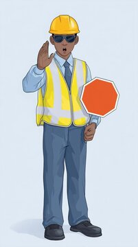 Animated cartoon crossing guard in protective gear holding up a blank red stop sign