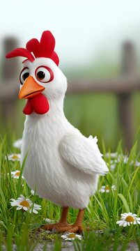 Cute animated chicken is happily living on a bright modern cartoon farm setting