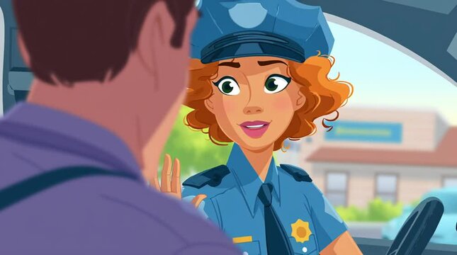 Animation cartoon friendly female police officer talking to partner