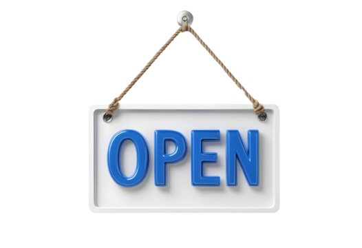 3D “Open Now” Sign PNG – Hanging White Panel with Glossy Blue Letters and Rope Hanger, Isolated on White Background for Storefronts, Cafes, Shops, and Business Advertisements