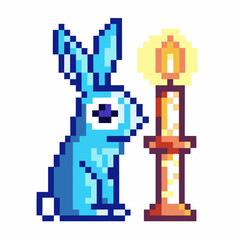 Blue pixel art rabbit sitting beside a lit candle digital retro game character style, glowing flame, whimsical fantasy scene