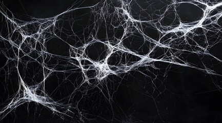 Black background with white spider webs, hanging from the left and right sides of the screen the webs are thin and long