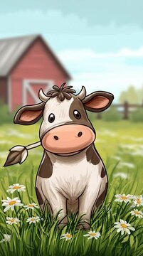 Cute animated cow is happily living on a bright modern cartoon farm setting