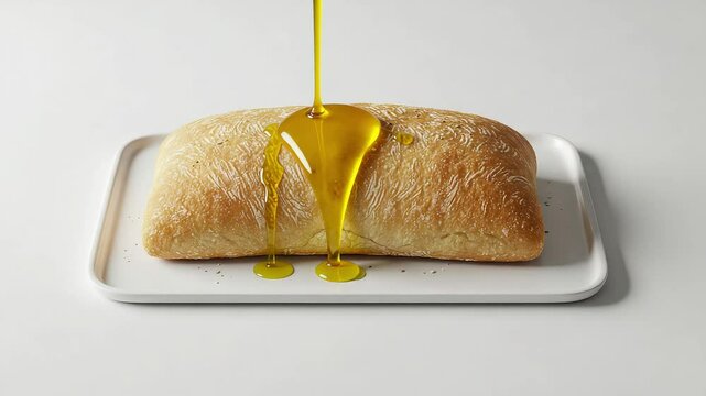 Close Up Of Golden Brown Bread Loaf On White Plate With Olive Oil Drizzling
