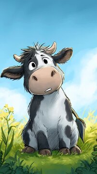 Cute animated cow is happily living on a bright modern cartoon farm setting