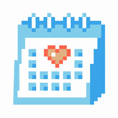 Fototapeta premium Pixel art calendar with heart symbol love, romance, event planning, important day, anniversary celebration