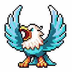 Fototapeta premium Pixel art eagle with wings spread, retro video game fierce mythical bird, blue and white feathers, vintage fantasy animal