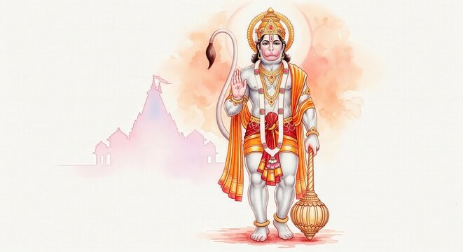 Watercolor Hanuman Ji with Temple Background &ndash; Desktop Wallpaper