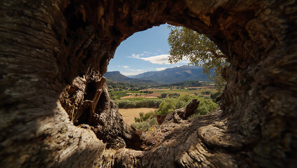 Photo of a view through the hole in an old tree trunk