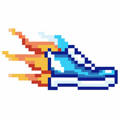 Pixel art sneaker with flame trail, blue running shoe isolated on white fast movement, retro arcade style, sporty icon