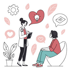 Doctor consulting patient with health and idea symbols consultation medical