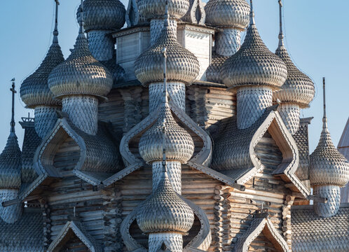 The Kizhi Pogost ensemble &ndash; domes of wooden churche of the Transfiguration of the Lord, a UNESCO World Heritage Site on Kizhi Island in Karelia