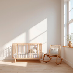 Bright white nursery with wood crib for wallpaper mockups © PhotoStockHub