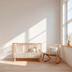 Bright white nursery with wood crib for wallpaper mockups © PhotoStockHub