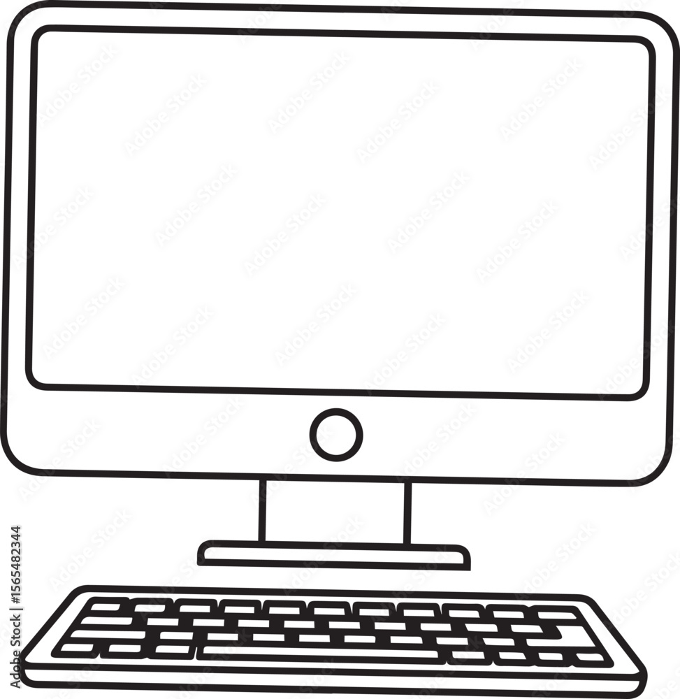 Fototapete minimalist line art illustration of a computer desktop setup with a monitor and keyboard, perfect fo