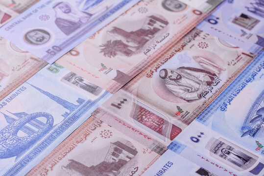 UAE money, dirham, paper banknotes, cash. Emirates money
