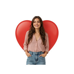 Happy Young Woman with Large Red Heart Shape