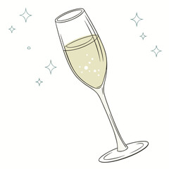 Sparkling champagne flute with bubbly liquid and festive stars glass drink