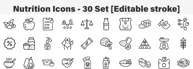 Nutrition Icons 30 Set. Line Art Icon Collection. Editable Stroke. Vector Illustration