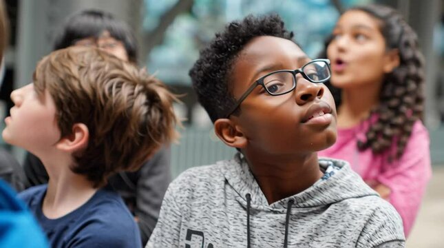 School field trip day with young students visiting the natural history museum to look at dinosaur fossils for science class - Powered by Adobe