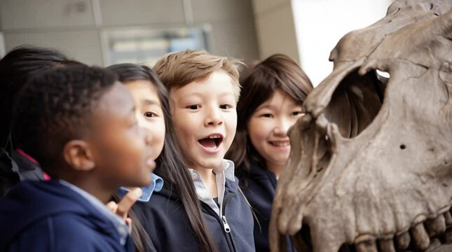 School field trip day with young students visiting the natural history museum to look at dinosaur fossils for science class - Powered by Adobe