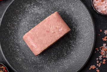 Food, meat, ham sliced in slices for the festive table. Spiced ham