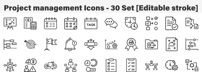 Project management Icons 30 Set. Line Art Icon Collection. Editable Stroke. Vector Illustration