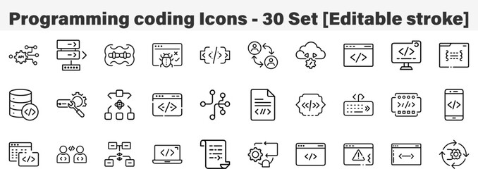 Programming coding Icons 30 Set. Line Art Icon Collection. Editable Stroke. Vector Illustration
