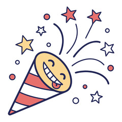 Cheerful party popper exploding with stars and confetti celebration explosion