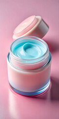 Pink and blue cosmetic cream jar on soft pink surface