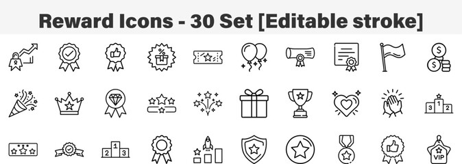 Reward Icons 30 Set. Line Art Icon Collection. Editable Stroke. Vector Illustration