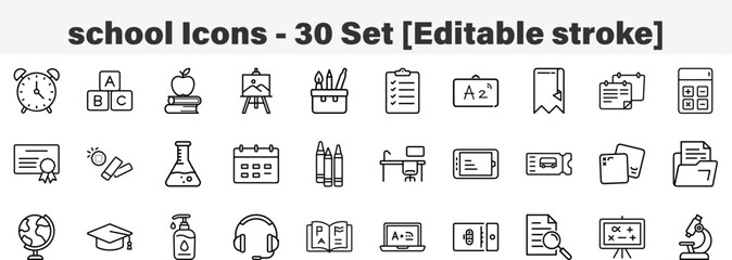 school Icons 30 Set. Line Art Icon Collection. Editable Stroke. Vector Illustration