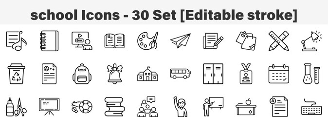 school Icons 30 Set. Line Art Icon Collection. Editable Stroke. Vector Illustration